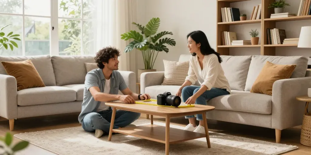 Home The Spruce decor tips: Couple arranging a stylish sofa table in a cozy living room.