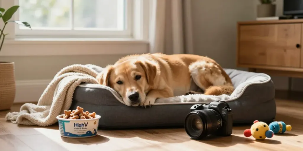 Calming Dog Treats for a relaxed dog in a cozy home setting.